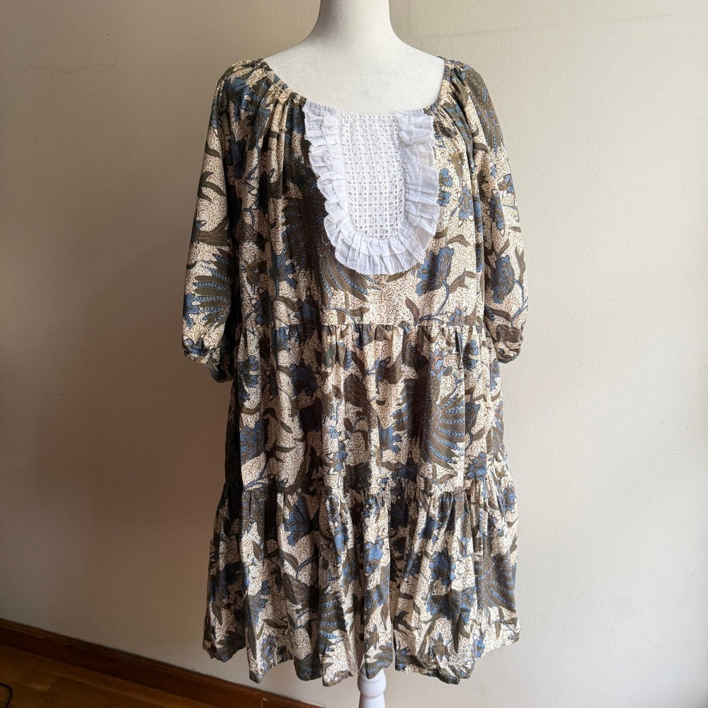 Wiggy Kit Mini Popper Paisley Print Tiered Mini Dress Lace Bib Brown Blue Large